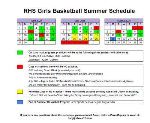 Girls Basketball Summer Schedule